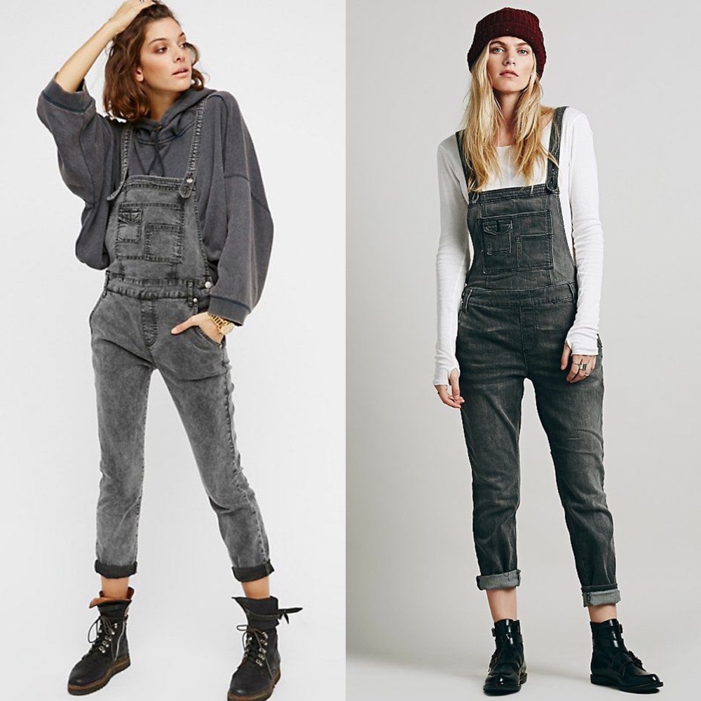 Free People Gray Washed Denim Overalls